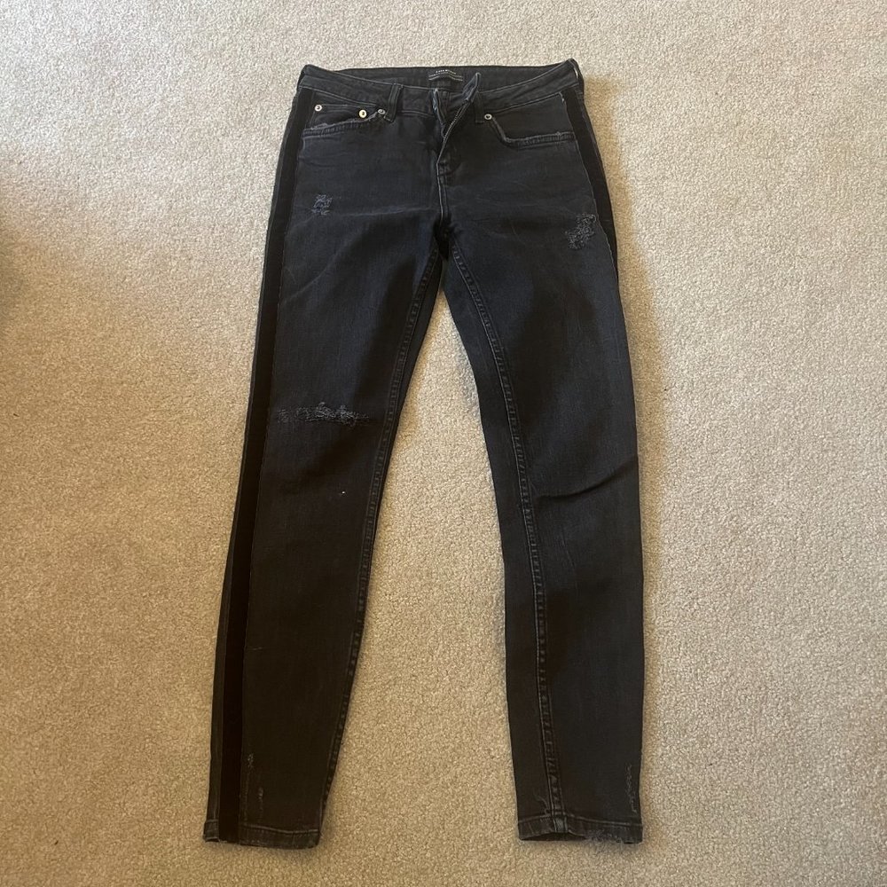 Zara Woman Premium Denim Collection Skinny Jeans, Size 6, Black w/ Velvet Stripe